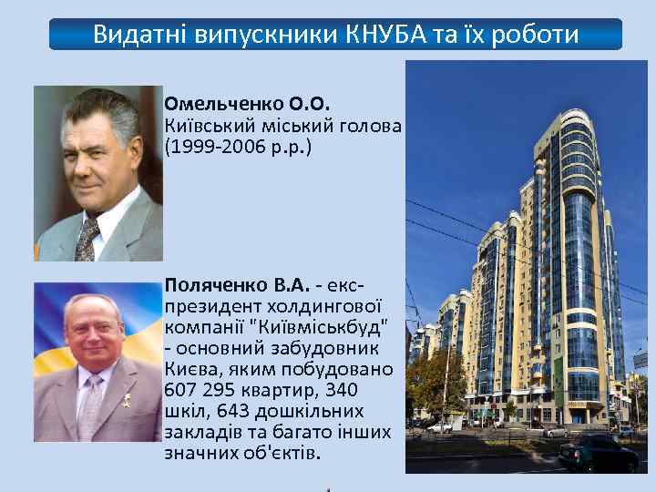 Видатні випускники КНУБА та їх роботи Омельченко О. О. Київський міський голова (1999 -2006