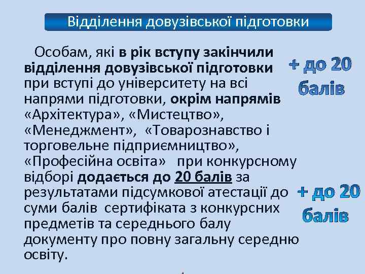 Відділення довузівської підготовки Особам, які в рік вступу закінчили відділення довузівської підготовки + до