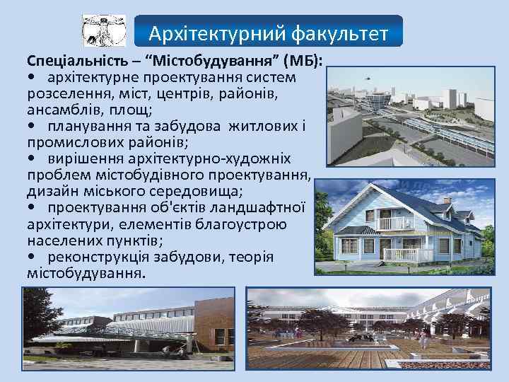 Архітектурний факультет Спеціальність – “Містобудування” (МБ): • архітектурне проектування систем розселення, міст, центрів, районів,