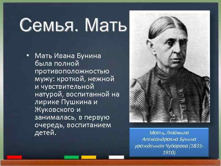 Семья. Мать • Мать Ивана Бунина была полной противоположностью мужу: кроткой, нежной и чувствительной