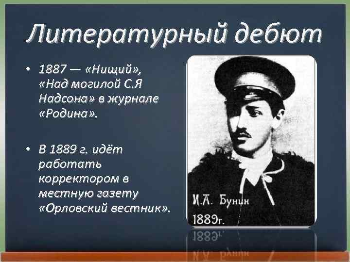 Литературный дебют • 1887 — «Нищий» , «Над могилой С. Я Надсона» в журнале