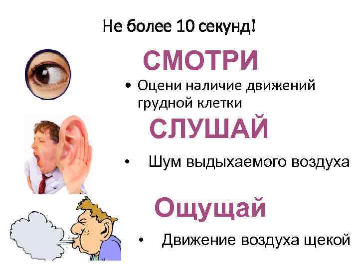 Не более 10 секунд! СМОТРИ • Оцени наличие движений грудной клетки СЛУШАЙ • Шум