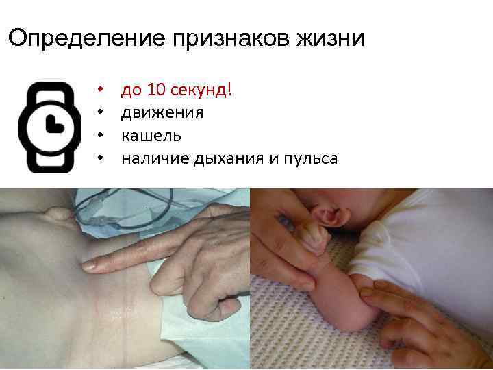 Определение признаков жизни • • до 10 секунд! движения кашель наличие дыхания и пульса