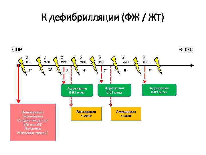 К дефибрилляции (ФЖ / ЖТ) СЛР ROSC 2 мин 1° 2° 2 мин 3°