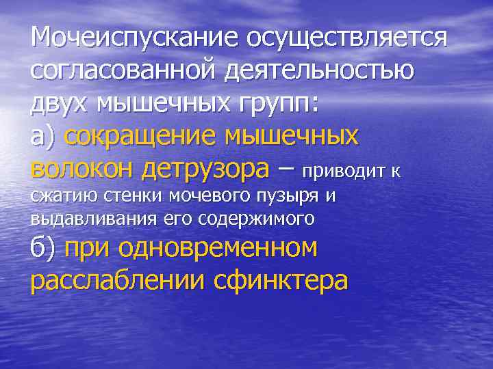 Мочеиспускание осуществляется согласованной деятельностью двух мышечных групп: а) сокращение мышечных волокон детрузора – приводит