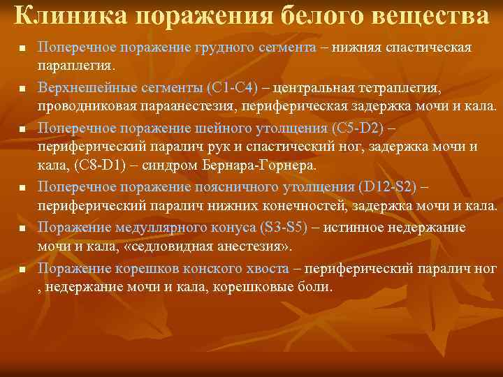 Клиника поражения белого вещества n n n Поперечное поражение грудного сегмента – нижняя спастическая