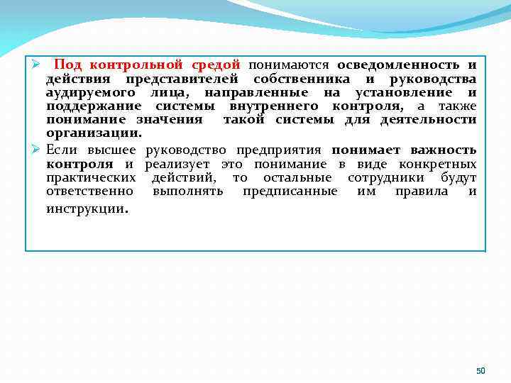 Ø Под контрольной средой понимаются осведомленность и действия представителей собственника и руководства аудируемого лица,