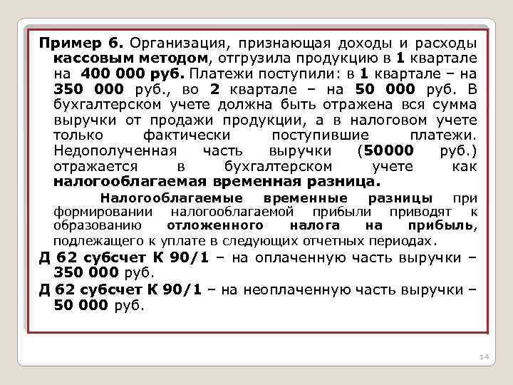 Пример 6. Организация, признающая доходы и расходы кассовым методом, отгрузила продукцию в 1 квартале