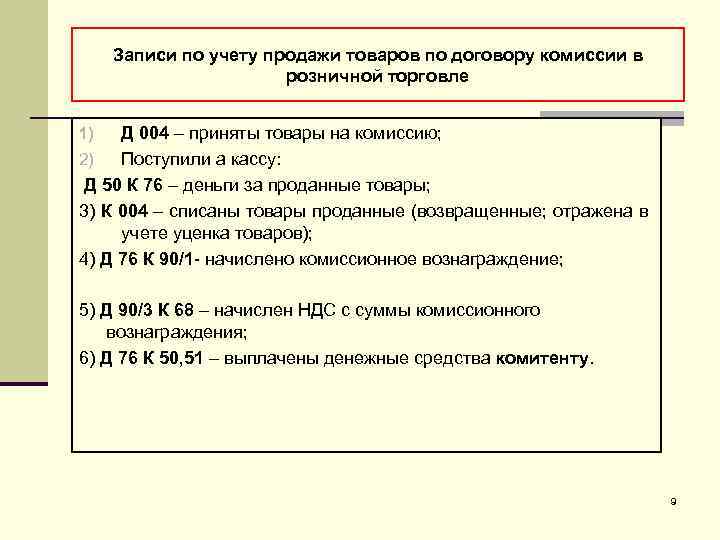 Записи по учету продажи товаров по договору комиссии в розничной торговле Д 004 –