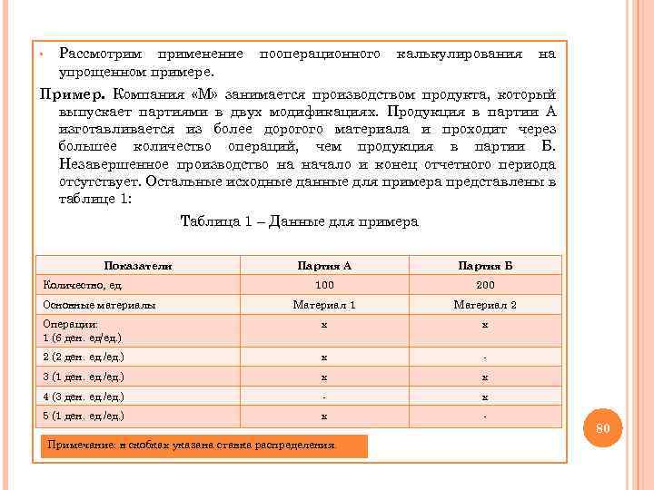 § Рассмотрим применение упрощенном примере. пооперационного калькулирования на Пример. Компания «М» занимается производством продукта,