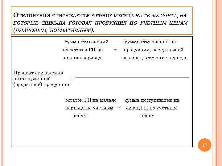 ОТКЛОНЕНИЯ СПИСЫВАЮТСЯ В КОНЦЕ МЕСЯЦА НА ТЕ ЖЕ СЧЕТА, НА КОТОРЫЕ СПИСАНА ГОТОВАЯ ПРОДУКЦИЯ