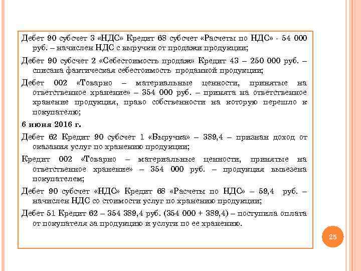 Дебет 90 субсчет 3 «НДС» Кредит 68 субсчет «Расчеты по НДС» - 54 000