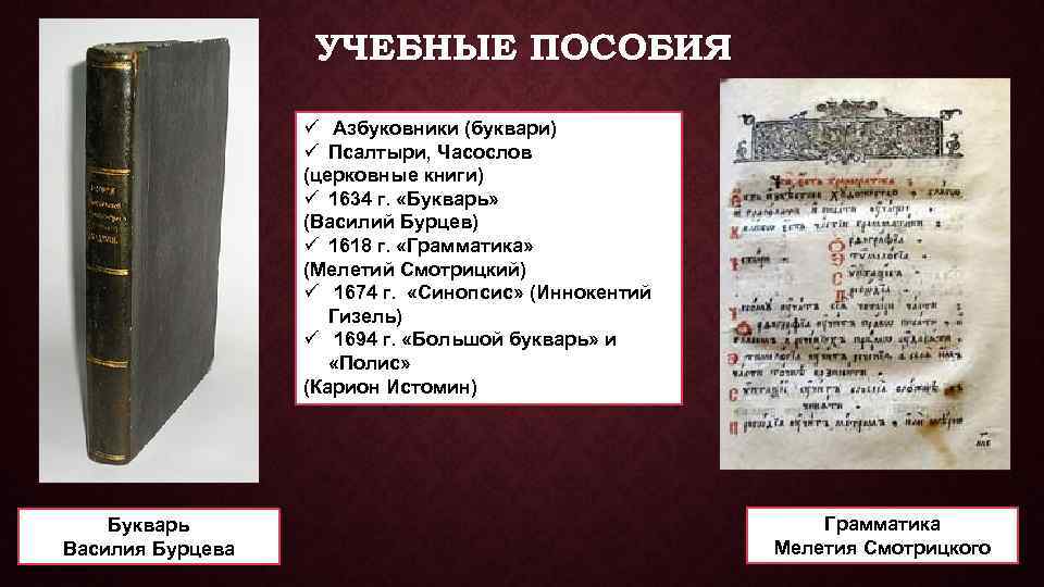УЧЕБНЫЕ ПОСОБИЯ ü Азбуковники (буквари) ü Псалтыри, Часослов (церковные книги) ü 1634 г. «Букварь»
