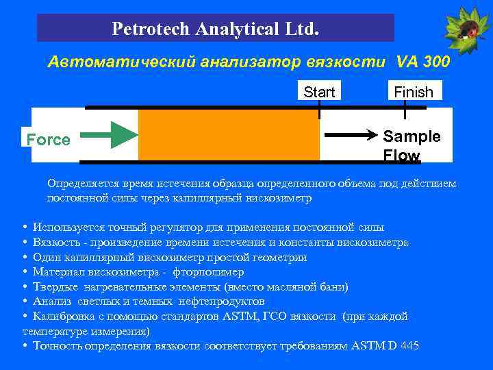 Petrotech Analytical Ltd. Автоматический анализатор вязкости VA 300 Start Force Finish Sample Flow Определяется