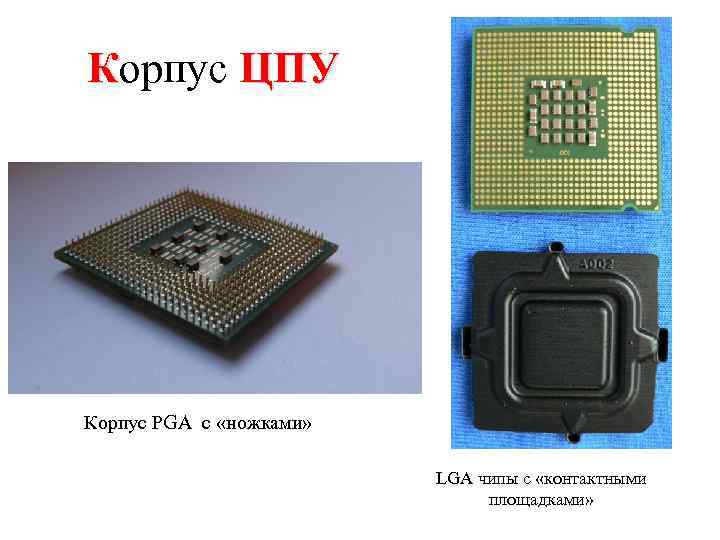 Корпус ЦПУ Корпус PGA с «ножками» LGA чипы с «контактными площадками» 