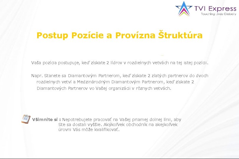 Postup Pozície a Provízna Štruktúra Vaša pozícia postupuje, keď získate 2 lídrov v rozdielnych