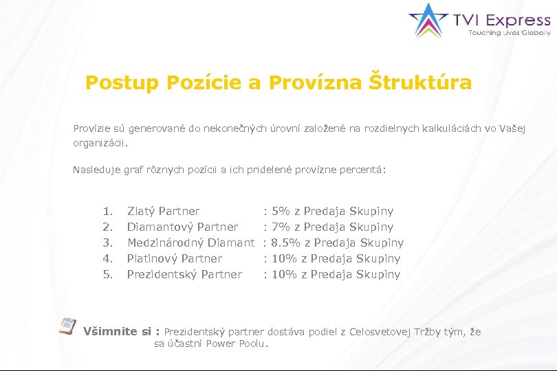 Postup Pozície a Provízna Štruktúra Provízie sú generované do nekonečných úrovní založené na rozdielnych