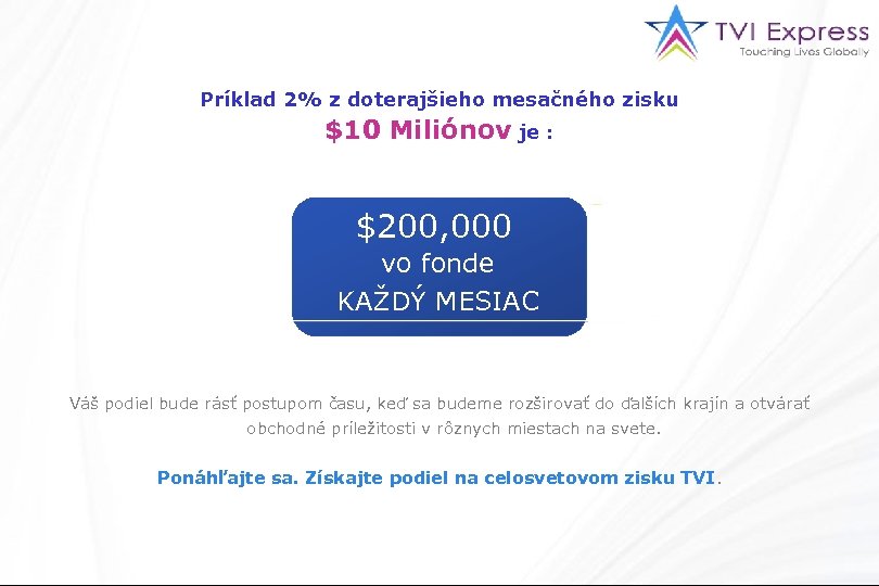 Príklad 2% z doterajšieho mesačného zisku $10 Miliónov je : $200, 000 vo fonde