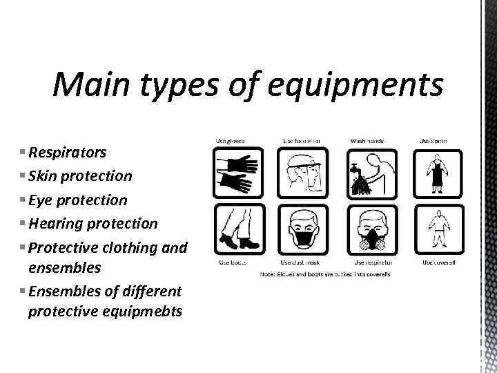 § Respirators § Skin protection § Eye protection § Hearing protection § Protective clothing