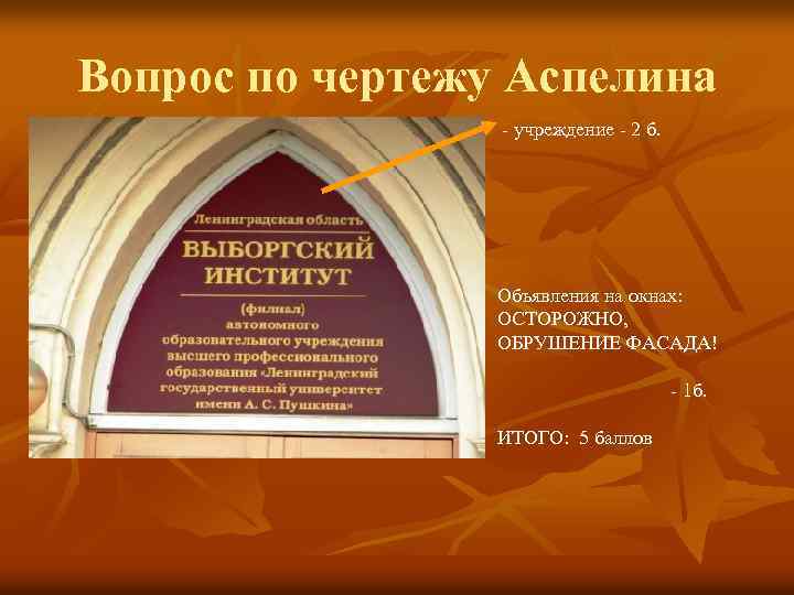 Вопрос по чертежу Аспелина - учреждение - 2 б. Объявления на окнах: ОСТОРОЖНО, ОБРУШЕНИЕ