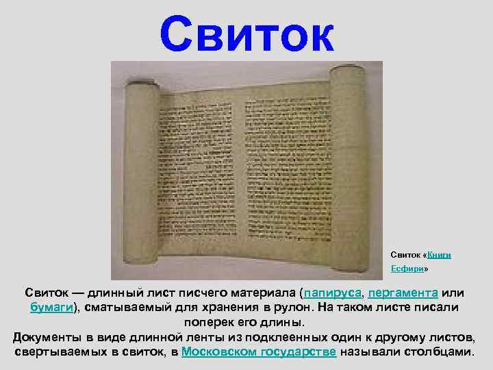Свиток «Книги Есфири» Свиток — длинный лист писчего материала (папируса, пергамента или бумаги), сматываемый