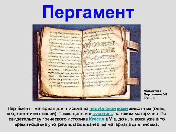 Пергамент Манускрипт Меровингов, VII век н. э. Перга мент - материал для письма из