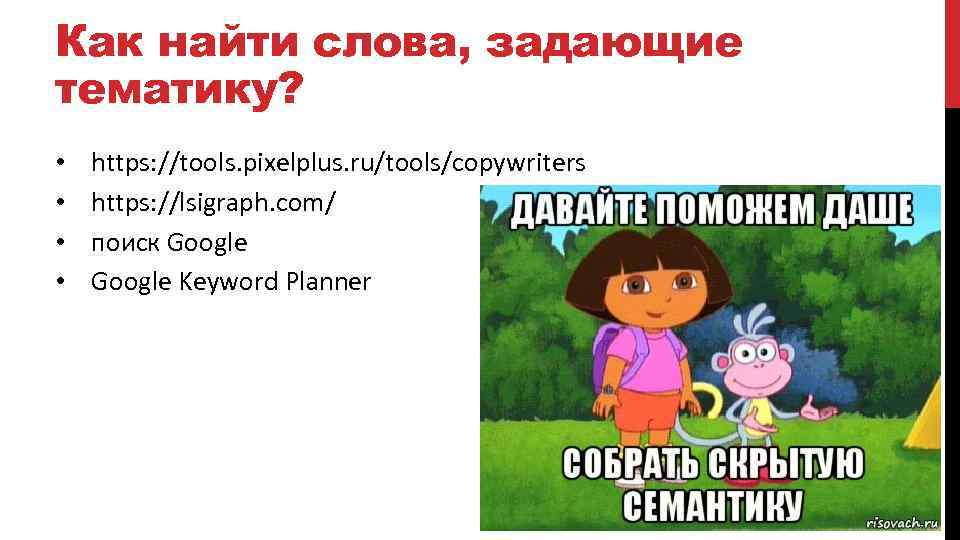 Как найти слова, задающие тематику? https: //tools. pixelplus. ru/tools/copywriters https: //lsigraph. com/ поиск Google
