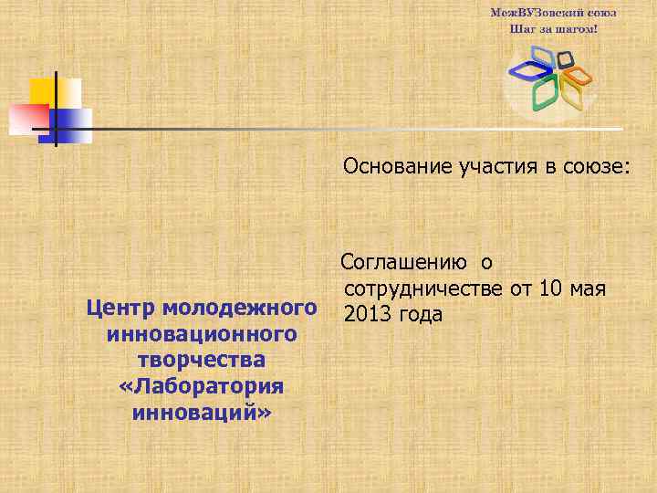 Основание участия в союзе: Центр молодежного инновационного творчества «Лаборатория инноваций» Соглашению о сотрудничестве от