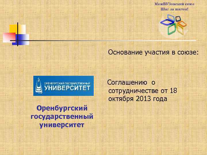 Основание участия в союзе: Соглашению о сотрудничестве от 18 октября 2013 года Оренбургский государственный