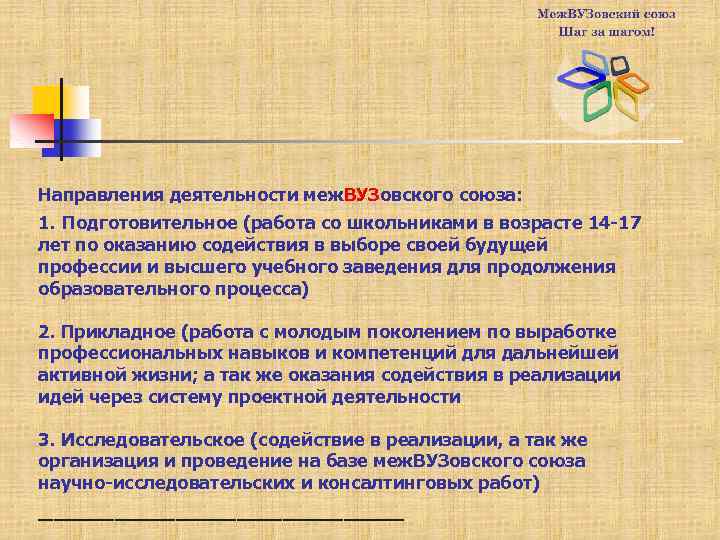 Направления деятельности меж. ВУЗовского союза: 1. Подготовительное (работа со школьниками в возрасте 14 -17