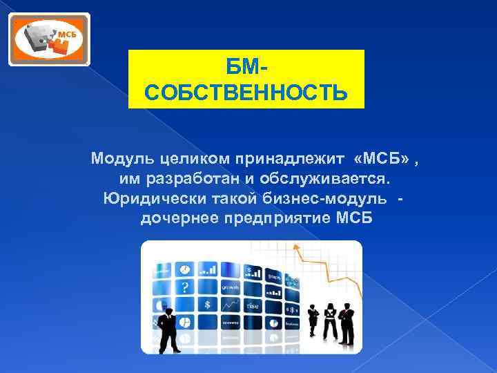 БМСОБСТВЕННОСТЬ Модуль целиком принадлежит «МСБ» , им разработан и обслуживается. Юридически такой бизнес-модуль дочернее