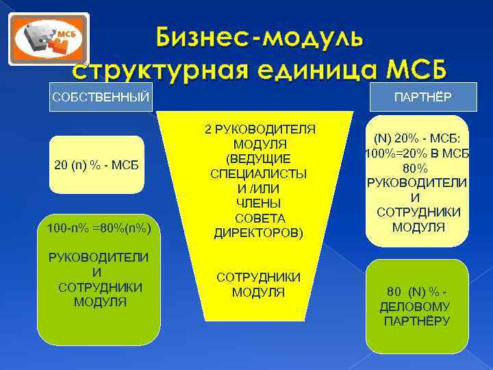 Бизнес-модуль структурная единица МСБ СОБСТВЕННЫЙ 20 (n) % - МСБ 100 -n% =80%(n%) РУКОВОДИТЕЛИ