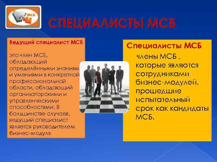 СПЕЦИАЛИСТЫ МСБ Ведущий специалист МСБ это член МСБ, обладающий определёнными знаниям и умениями в