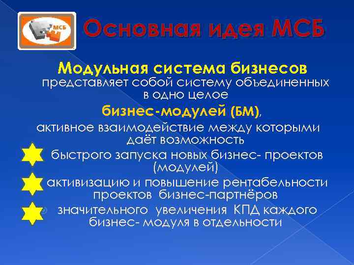 Основная идея МСБ Модульная система бизнесов представляет собой систему объединенных в одно целое бизнес-модулей