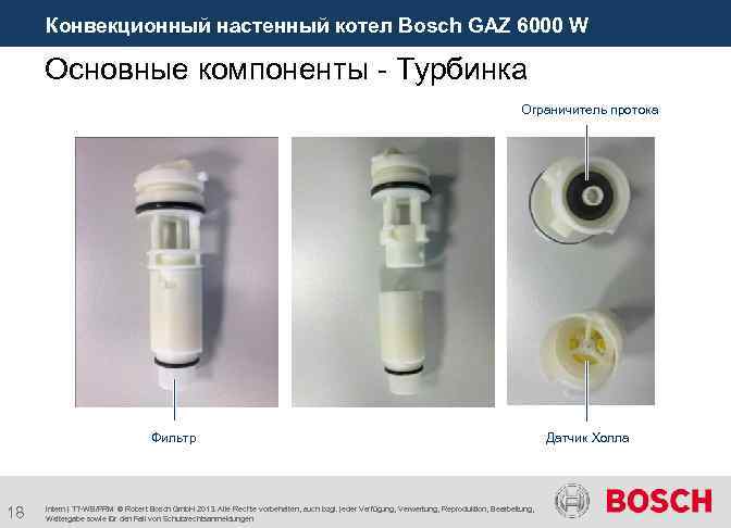  Конвекционный настенный котел Bosch GAZ 6000 W Основные компоненты - Турбинка Ограничитель протока