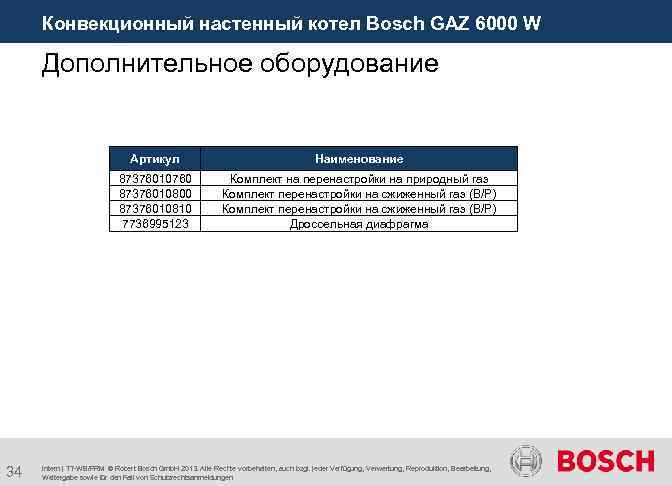 Конвекционный настенный котел Bosch GAZ 6000 W Дополнительное оборудование Артикул 87376010760 87376010800 87376010810 7736995123
