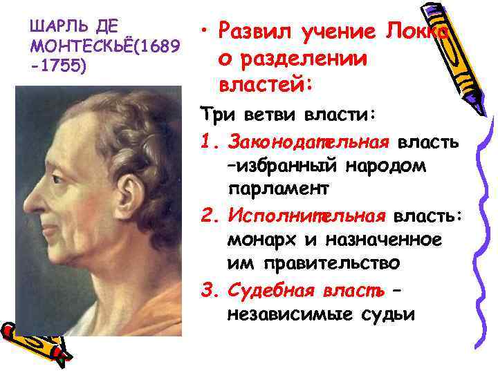 ШАРЛЬ ДЕ МОНТЕСКЬЁ(1689 -1755) • Развил учение Локка о разделении властей: Три ветви власти: