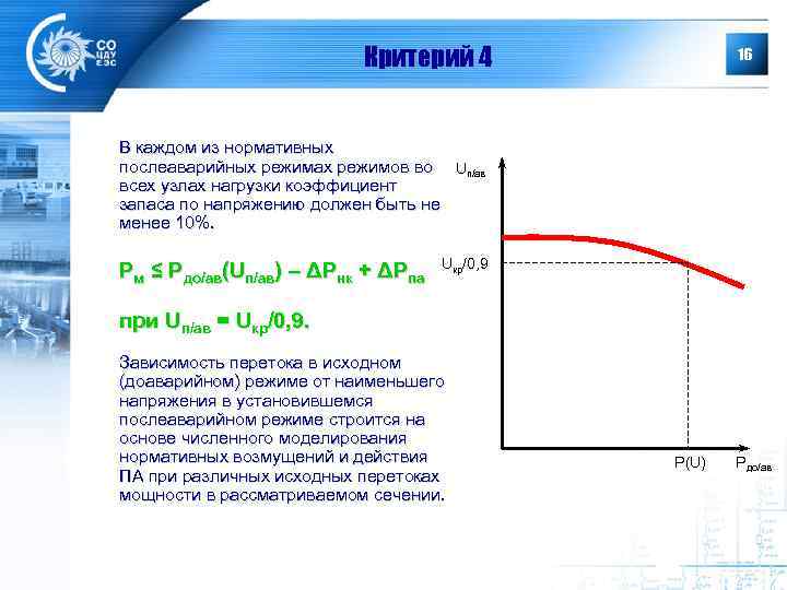 Критерий 4 16 В каждом из нормативных послеаварийных режимах режимов во Uп/ав всех узлах