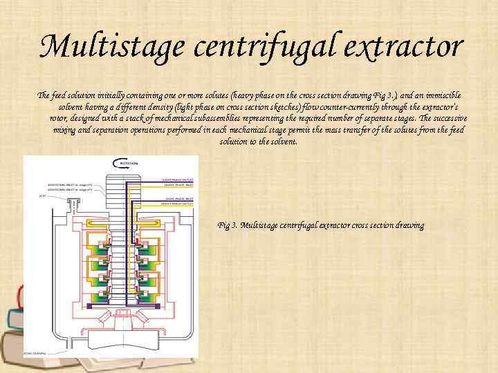 Multistage centrifugal extractor The feed solution initially containing one or more solutes (heavy phase