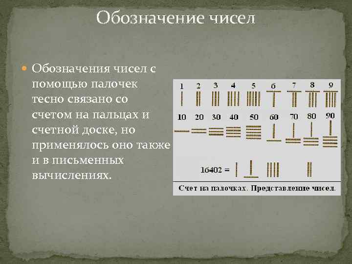 Обозначение чисел Обозначения чисел с помощью палочек тесно связано со счетом на пальцах и