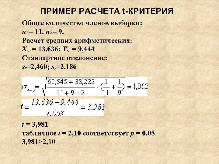 ПРИМЕР РАСЧЕТА t-КРИТЕРИЯ Общее количество членов выборки: n 1 = 11, n 2 =