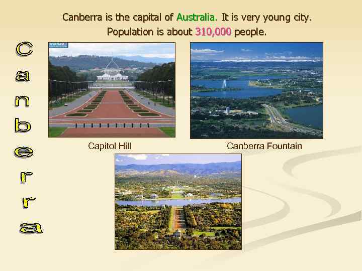 Canberra is the capital of Australia. It is very young city. Population is about