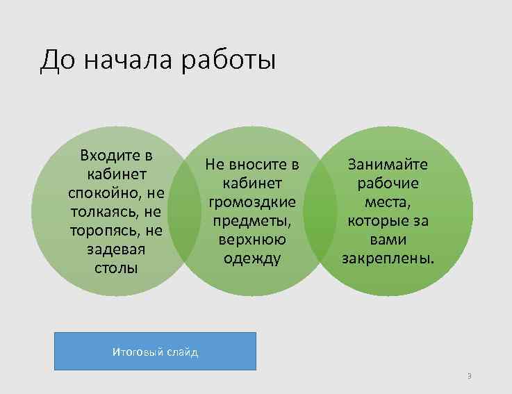 До начала работы Входите в кабинет спокойно, не толкаясь, не торопясь, не задевая столы