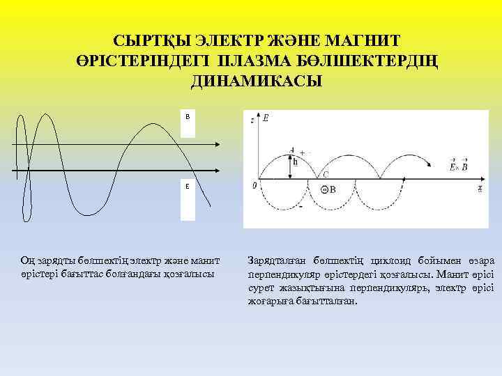 СЫРТҚЫ ЭЛЕКТР ЖӘНЕ МАГНИТ ӨРІСТЕРІНДЕГІ ПЛАЗМА БӨЛШЕКТЕРДІҢ ДИНАМИКАСЫ В Е Оң зарядты бөлшектің электр