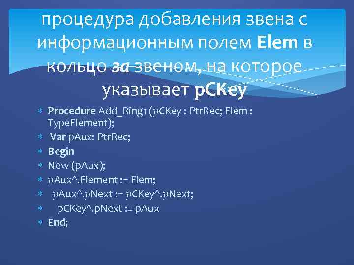 процедура добавления звена с информационным полем Elem в кольцо за звеном, на которое указывает