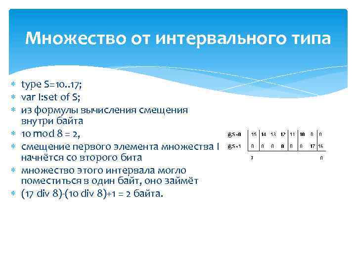 Множество от интервального типа type S=10. . 17; var I: set of S; из