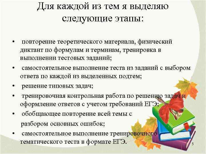 Для каждой из тем я выделяю следующие этапы: • повторение теоретического материала, физический диктант