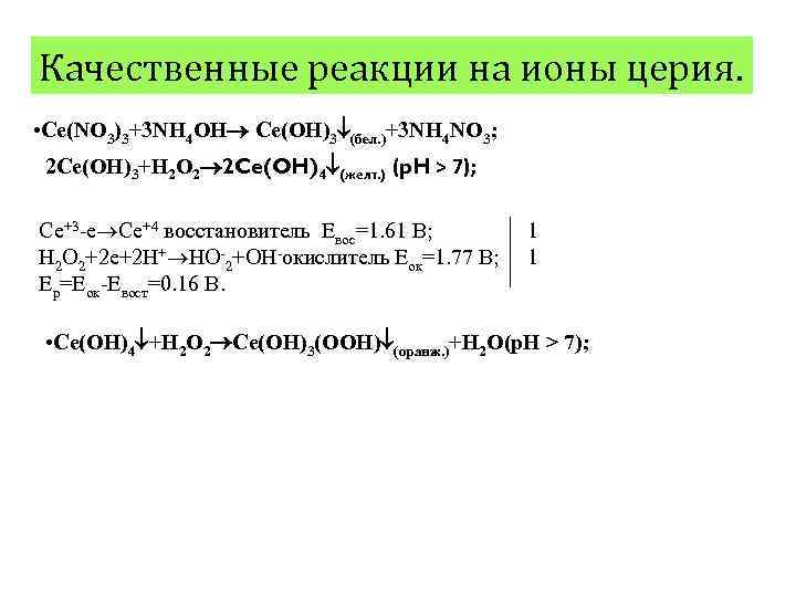 Качественные реакции на ионы церия. • Ce(NO 3)3+3 NH 4 OH Ce(OH)3 (бел. )+3