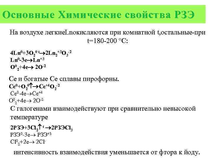 Основные Химические свойства РЗЭ На воздухе легкие. Lnокисляются при комнатной t, остальные при t=180