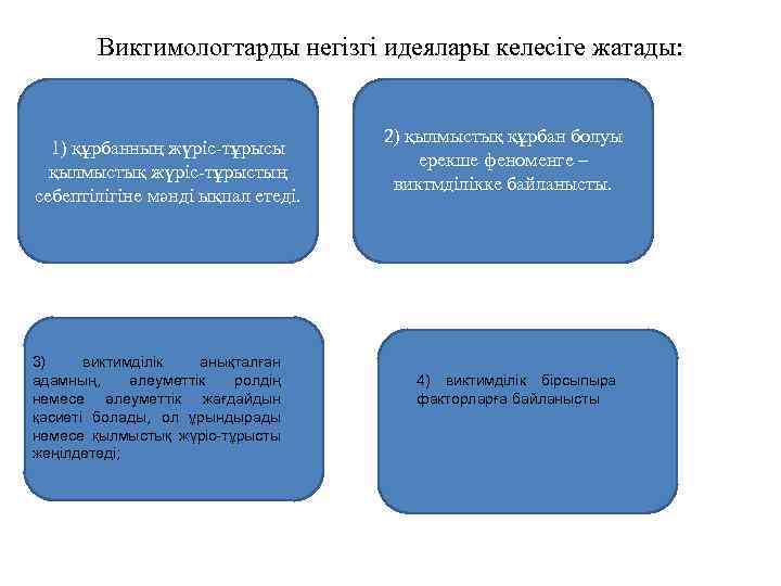 Виктимологтарды негізгі идеялары келесіге жатады: 1) құрбанның жүріс-тұрысы қылмыстық жүріс-тұрыстың себептілігіне мәнді ықпал етеді.